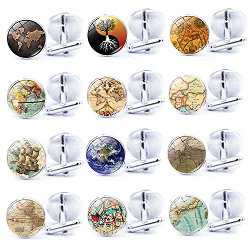 Piklohas Hombre Gemelos Gemelos De Negocios Metal Retro Personalidad Mapa del Mundo Gema De Viaje Joyas De Viaje San Valentín Cumpleaños Graduación Conmemorativa Regalo De Boda(Tan) Cover