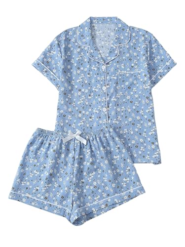 Image of Verdusa Women's 2 Piece Pajama Sets Summer Pajamas Cute Pj Set Lounge Matching Pjs Button Shirt with Shorts