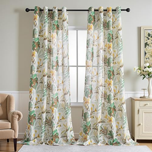 Image of MYSKY HOME Light Filtering Linen Curtains for Living Room, Semi Sheer Floral Grommet Curtain Panels Extra Long Floor Length Drapes, 52x108 Inch, Yellow and Natural, Set of 2