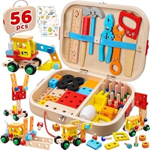 56 Pcs Kids Tool Set for Toddlers, Montessori Educational STEM Toys, Construction Learning Toys with Tool Box, Wooden Building Kit for 3 4 5 6 7 8 9 10 Years Old Boys Girls Birthday Gifts