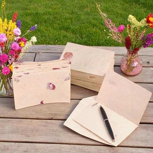 Image of Kathmandu Valley Co. 50 Vintage 4x6 Handmade Lokta Paper Nepali Cherish Greeting Cards & Matching Decorative Flower Petal Envelopes. Folded blank cards. Handmade In Nepal. (Bougainvillea)