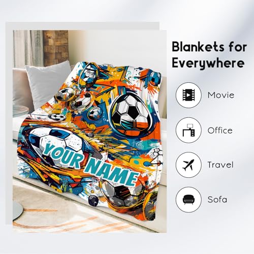 Custom Soccer Blanket, Cozy Soft Throw Gifts for Mens, Cool Colorful Flannel Throw Blankets for Bed Couch, 60x80 Inches