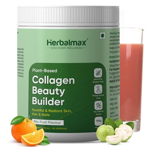 Image of Herbalmax Veg Collagen Supplements Beauty Builder 195g | Plant-Based Collagen Powder for Hair, Skin, Nails & Joints | With Vitamin C & E | Mixed Fruit Flavour | Gluten-Free, No Added Sugar