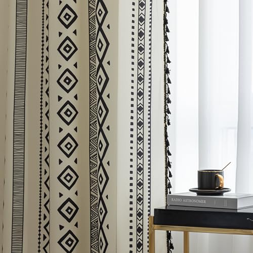Image of Black Geometric Curtains 54 Inches Long, Boho Farmhouse Light Filtering Rod Pocket Drapes with Tassel Trim for Bedroom Living Room, 2 Panels