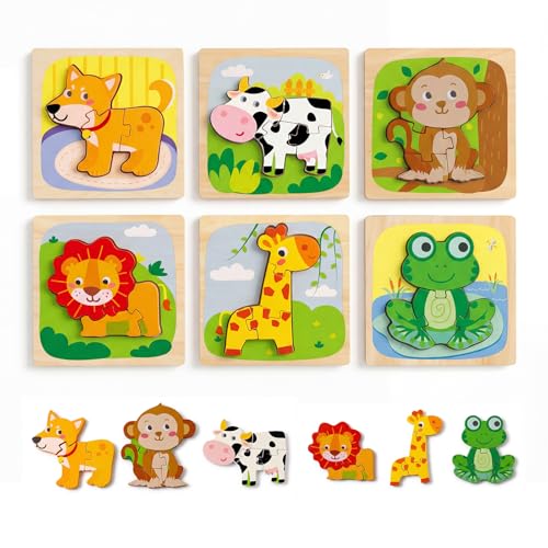 Product Image of the Wooden Puzzles for Toddlers 1-3 Toys Gifts for 1 2 3 Year Old Boys Girls, 6 Pack Animal Jigsaw Toddler Puzzles, Learning Educational Preschool Toys