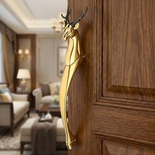 Image of GLOXY Premium Gold 12 inch Classic Vintage Deer Shaped Main Door Handle with 8 inch Hole-to-Hole Spacing - Decorative Push & Pull Aluminium Wooden & Glass Doors Handles for Homes, Hotels & Offices- Pack of 1