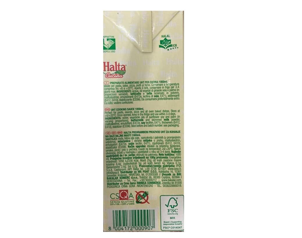 12x Halta Cucina Preparato Alimentare UHT per Cucina Cremige Zubereitung UHT für die Küche Ideal für Pasta, Saucen, Pizza Kochsahne Sahne 1000ml