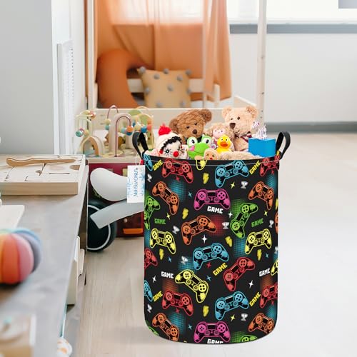 Image of Round Laundry Basket Collapsible Storage Hamper Organizer Game | Waterproof Canvas Foldable Baskets with sturdy Handles Multi-scene Organizer for Home Play Bedroom Gift Bin