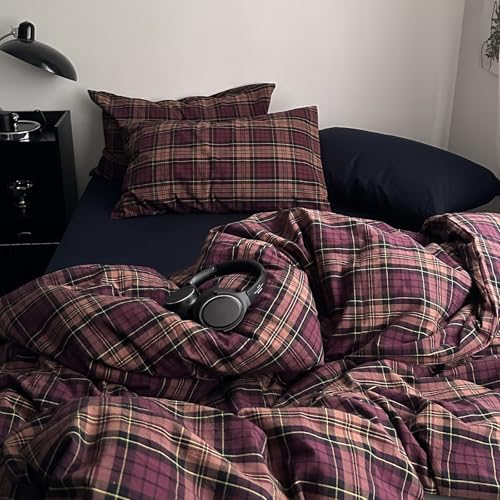 Image of MKXI Full Size Rustic Burgundy Plaid Duvet Cover Set, 3 Piece Farmhouse Bedding with Navy Check Accents, 100% Washed Cotton, Breathable Vintage Aesthetic Bed Set with Zipper Closure & Corner Ties
