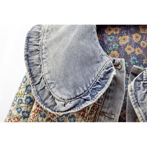 Women's Peter Pan Collar Denim Jacket - Ruffles Long Sleeve Coat with Floral Embroidery, Casual Button Down Outerwear4