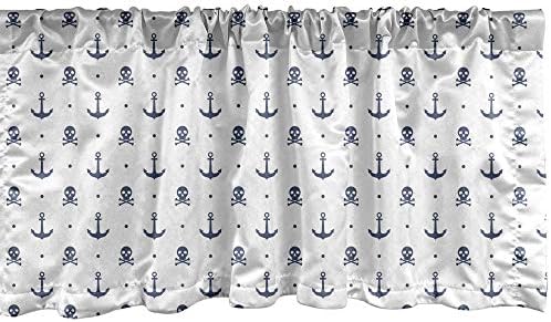 Ambesonne Marine Window Valance, Anchors and Skulls Crossed Bones Dots Pirate Horror Fear Seaman Illustration Art, Curtain Valance for Kitchen Bedroom Decor with Rod Pocket, 54" X 12", Navy Blue