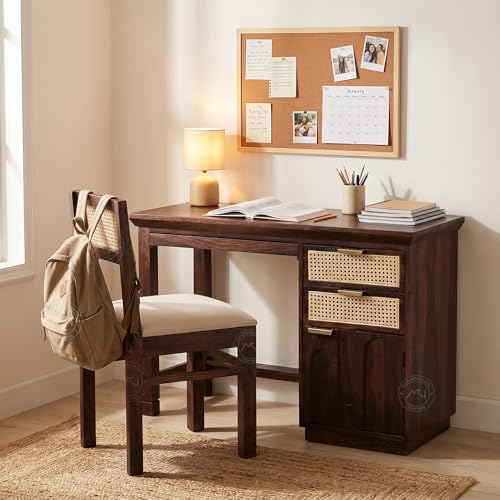 Image of NSH Solid Sheesham Wood Study Table with Chair | Wooden Writing Desk with Drawer & Door Storage | Pre-Assembled Computer Desk Workstation for Home Office & Study Room | Walnut Finish