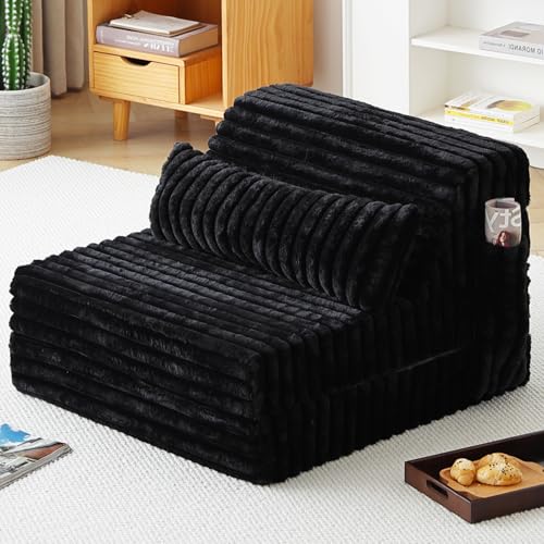Image of Tiita Folding Sofa Bed Convertible Sleeper Chair Mattress with Pillow & Side Pocket, Thick Corduroy Floor Mattress Couch Bed, Single Size, Black