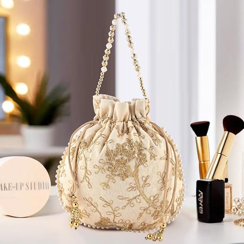 Image of Kuber Industries Potli Bags for Ladies & Girls | Women Shagun Pouches for Festive Seasons | Batwa Bag Bridal Purse With Embroidery -Cream