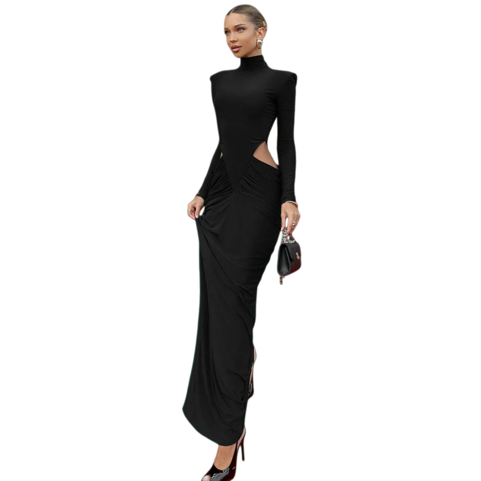 Vestito Brown Cutout Bodycon Maxi Abito per Le Donne - Manica Lunga Ruched Spalla Pad da Sera Festa-Brown-s
