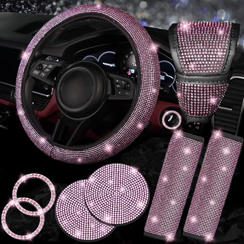 NBTEPEM 8 pcs Pink Bling Car Accessories Set for Women, Steering Wheel Cover, Sparkly Seat Belt Covers, Bling Gear Shift Cover, Universal Fit Most Cars (Pink Diamond)