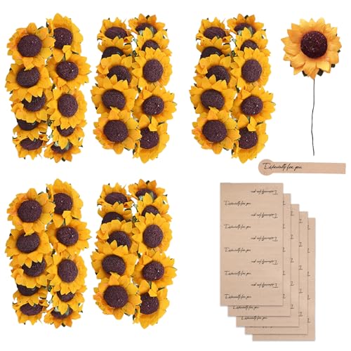 DHWEKU 50pcs Tournesol Artificielle Fausse Bouquet de Tournesol avec 50pcs Autocollants Stickers Fleurs Floral Décoration Carte pour Fête Mariage DIY Travaux...