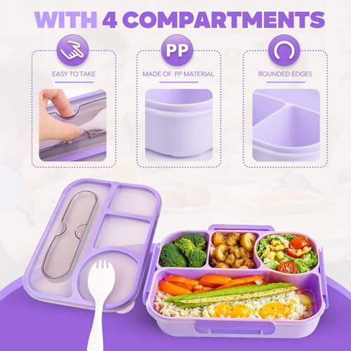Image of EASYFUN Bento Box Adult, Lunch Box, 4-Compartment Lunch Containers, Drop-Proof, Dishwasher Safe & Made with BPA-Free Materials (Purple)