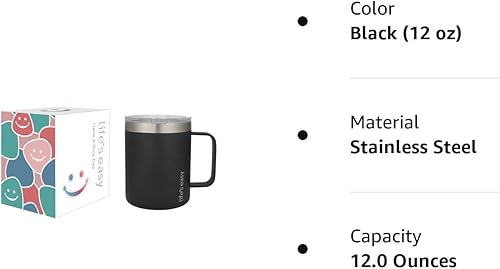 Miniatura 9 de Life's Easy Taza de acero inoxidable de 12 onzas con asa, vaso de viaje aislado de doble pared con tapa abatible, taza térmica para café, agua,