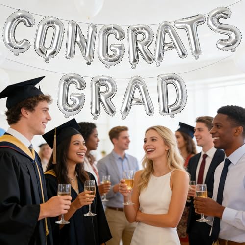Image of Congrats Grad Balloon Banner, Congratulations Balloons Graduation Party Decorations 2026, Silver