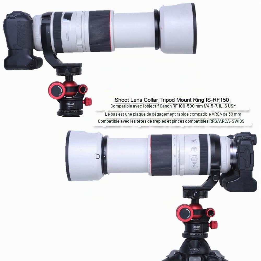 iShoot Bague de montage en métal pour trépied compatible avec Canon RF 100-500 mm f/4.5-7.1L IS USM, support d'objectif inférieur est Arca-Swiss Fit à dégagement rapide avec rainure à queue d'aronde