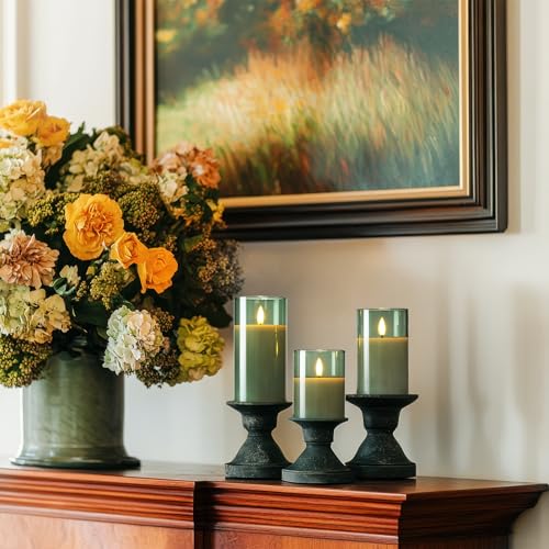 Image of Amagic Green Glass Flameless Candles with Remote and Timer for St. Patrick's Day, Real Wax Battery Operated Candles, Flickering Electric LED Pillar Candles, Home Party Decor, Set of 3