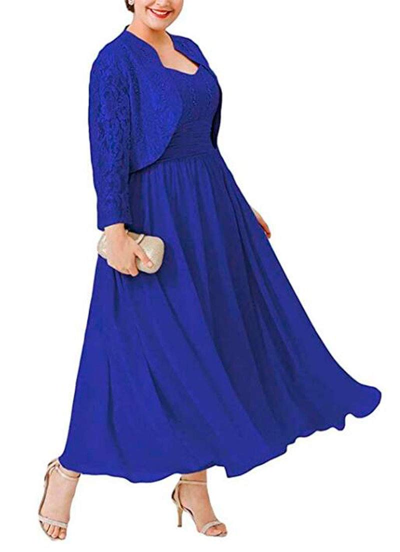 Botong Women's Royal Blue Chiffon Mother Of The Bride Dress Plus Size Lace Applique Outfits For Prom Evening Gowns Dress Uk20