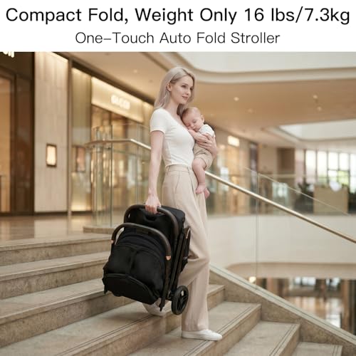 Image of Gromast Gravity Folding Baby Stroller - Portable Travel Toddler Stroller w /Adjustable Backrest, Canopy & Cup Holder, Lightweight and UV Protected, One-Hand Automatic Folding - Black