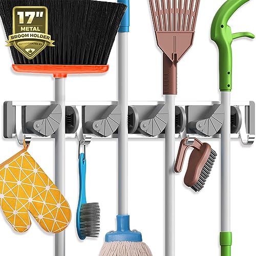Lista de Accesorios para colgadores de garaje los 5 más buscados. 48 Risom Organizador de Escobas y Colgador de Trapeadores, Porta Escobasde Montaje en Pared, Soporte para Fregona, Barras Rastrillos, Titular Magia Para Jardín, Baño, Garajes (4...