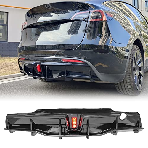 FREEMOTOR802 Rear Diffuser with LED Light Fits 2020-2024 Tesla Model Y, Add-on Gloss Black PP IKON Style Rear Bumper Molding Protector Lip with LED Lamp