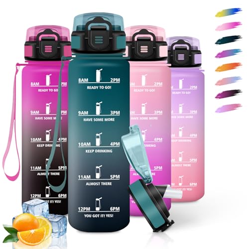HoneyHolly Botella Agua 1 Litro, Libre de BPA & Prueba de Fugas, Botella de Agua, con Pajita, Water Bottle, con Marcador de Tiempo, Cantimplora para Sport, Bicicleta, Gimnasio, Escuela