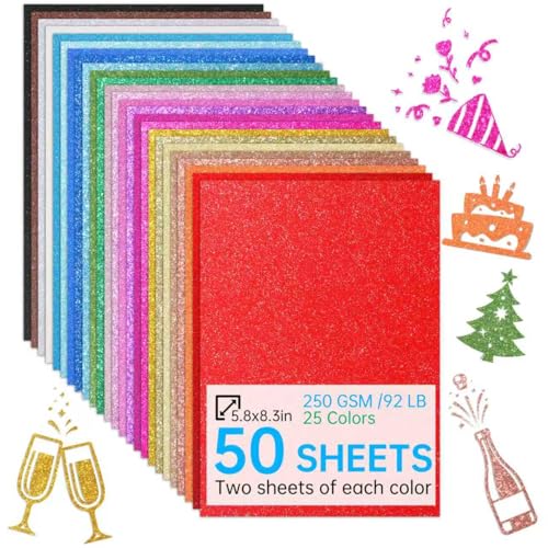 Glitter Cardstock 50 Sheets 25 Colors A5-Size