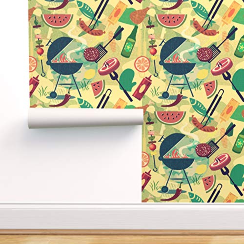Spoonflower Pre-Pasted Removable Wallpaper, Summer BBQ Grill Out Burgers Beer Fruit Veggies Food Watermelon Party Kitchen Fish Picnic Cookout Print, Water-Activated Wallpaper, 24in x 108in Roll