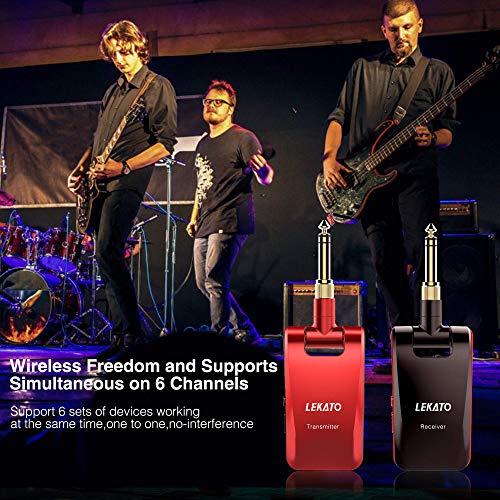 Image of LEKATO 2.4GHz Wireless Guitar System - 6 Channels Rechargeable Wireless Transmitter & Receiver for Guitar & Bass, Stereo & Mono 1 /4' & 1 /8' 2 in 1 Plugs (Black & Red)