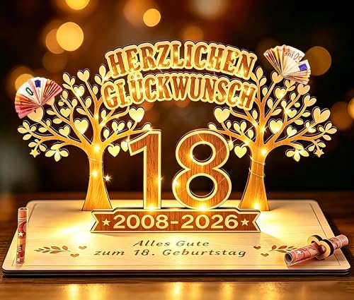 Giftota - 2026 Originelle Geldgeschenk zum 18. Geburtstag Mädchen & Jungen - 18 Geburtstaggeschenk - DIY Holz-Schild Gästebuch mit LED Lichterkette - 18 Geburtstag Deko - Personalisierbares Geschenk