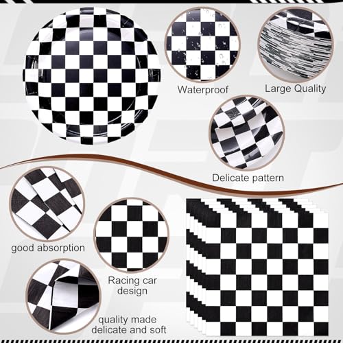 Image of Funnymoom 452 Pcs Checkered Flag Party Supplies for 50 Guests, Black and White Checkered Paper Plates Napkins Cups Tablecloth Cutlery Straws for Race Car Birthday Party Decorations