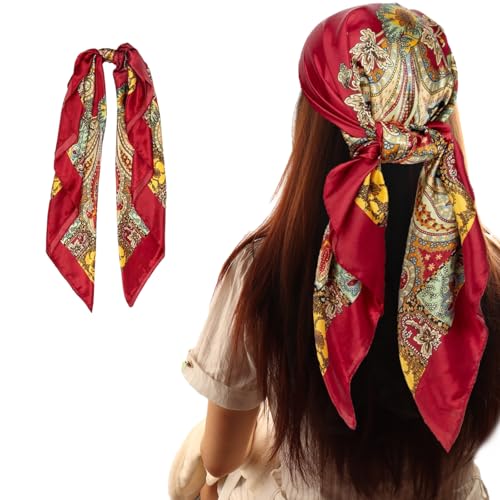 35” Satin Head Scarf Women Large Square Silk Feel Bandana Red Satin Hair Wrap Kerchief for Hair Wrapping, Sleeping & Pirate Costume (1PC)