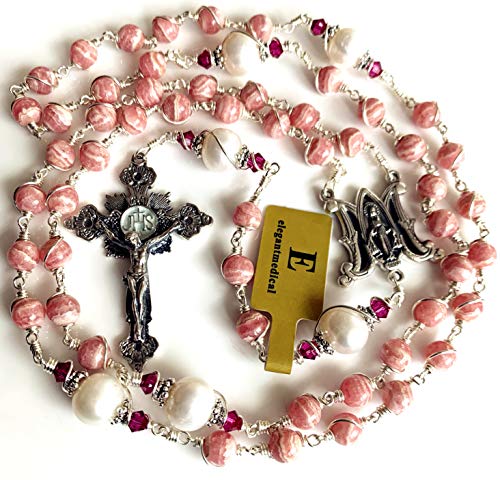 elegantmedical Handmade Sterling Silver Wire Wrapped UNDOUBTED RHODOCHROSITE &10mm Real Pearl Beads Rosary Cross/Crucifix Necklace Box Catholic Womens Gift3