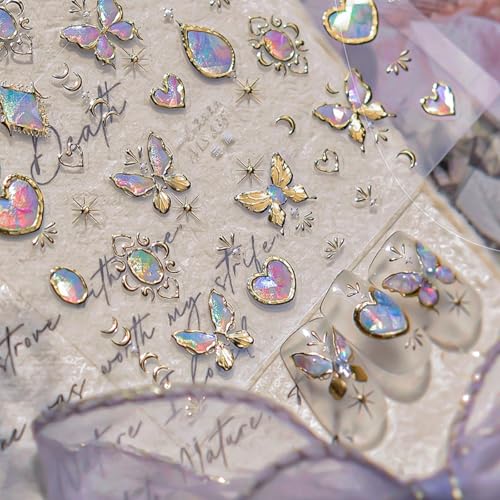 Image of Butterfly Nail Stickers for Nails Art Gold Nail Art Stickers with Design 5D Embossed Heart Nail Decals Self-Adhesive Nails Supply Manicure Supply Decoration for Women Girls Kid