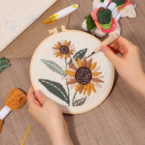 Image of 3 Pcs Punch Needle Kits, 7.87 Inch Flower Punch Needle Kit Sunflowers and Tulips Needles Punching kit with Hoop, Instruction, Fabric, Sewing Needles, Yarns, Scissors for Adult, Beginner, Children