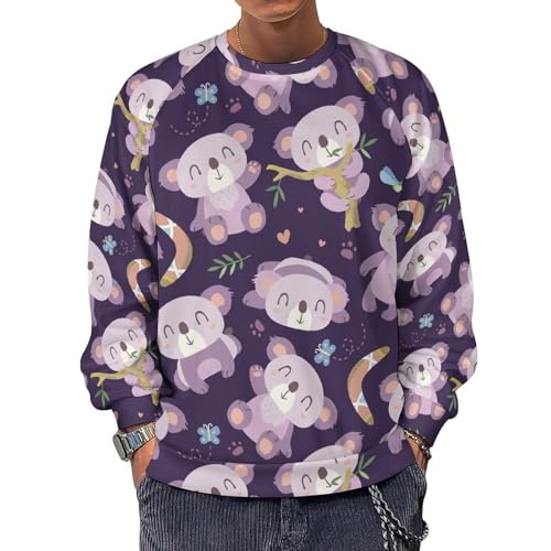 VOSERY Sudadera de cuello redondo para hombre, lindo koala morado, suéter de manga larga, ropa casual de moda para hombre, Negro -, Small