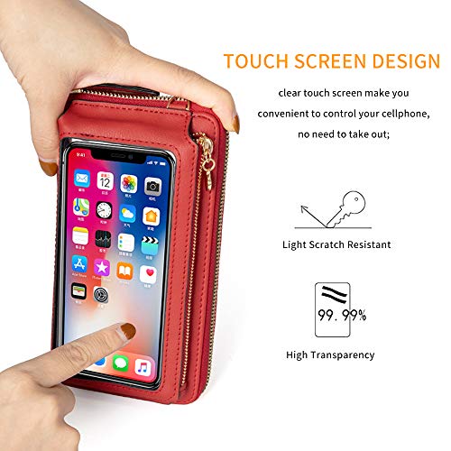 Image of myfriday Touch Screen RFID Phone Crossbody Purse with 2 Straps for Women | Clear phone window, RFID card space, 11 slots and zip pockets support quick calls, errands, theme parks and travel