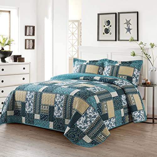 VAPUTAR Quilts King Size - Soft King Quilt Bedding Set with Floral Pattren - 3 Pieces Patchwork Cotton King Bedspreads Set for Farmhouse Bedroom (Dream Blue)