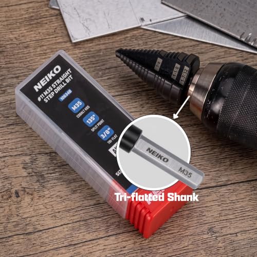 Image of NEIKO 10634B Step Drill Bit, 3 Steps 7 /8 inch to 1-7 /32 inch Straight M35 Cobalt, AlTiSiN Coated, 3 /8 inch Tri-Flat Step Bits for Steel, Metal, Wood, Plastic, Unibit Cone Drill Bits, Two Flute