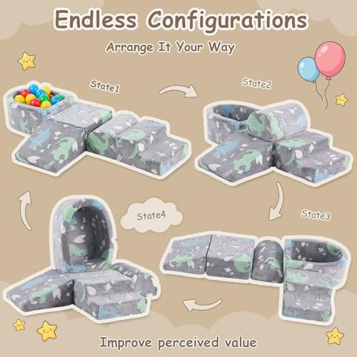 Image of Tiita Baby Climb and Crawl Playset 5-Piece, Kids Foam Climbing Block with Small Ball Pit - Indoor Soft Play Climber for Playtime Fun, Grey Star, Green Dinosaur