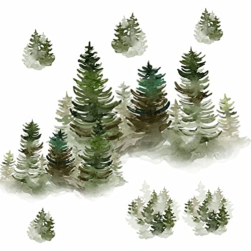 Image of Watercolor Pine Tree Wall Decals Peel and Stick Large Tree Wall Sticker Tree Branches Wall Decal Forest Tree Wall Stickers for Living Room Bedroom Woodland Nursery Decor