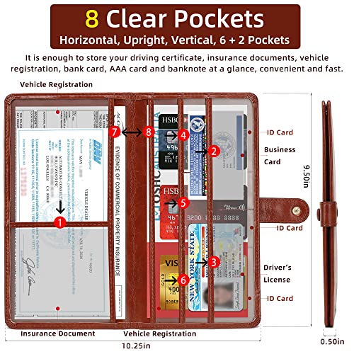Image of Car Registration and Insurance Holder Glove Box Folder-Premium PU Leather Car Document Wallet Driver's License, Cards and Other Essentials, Reddish brown, Multi-pocket Portable Automotive Document