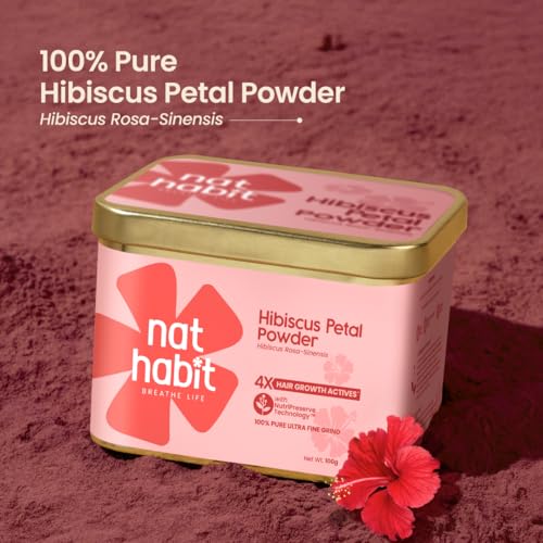 Image of Nat Habit 100% Pure Hibiscus Powder (100g) | Hibiscus Rosa-Sinensis | 4X Hair Growth Actives with Nutri-Preserve Technology | Ultra Fine Gudhal Petal Powder for Hair Pack & Face Pack