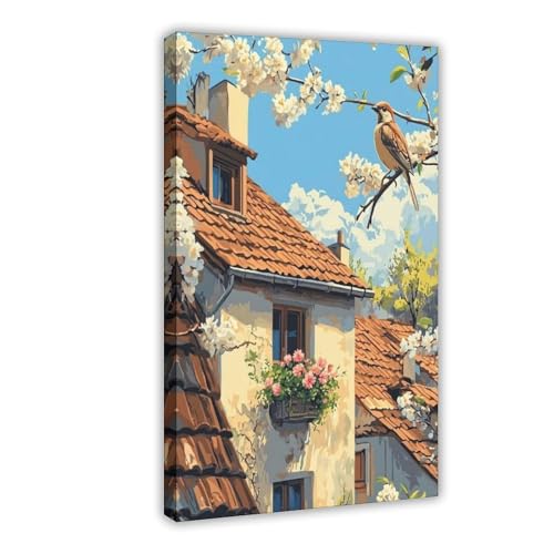 Décoration murale moineau et boîtes à fleurs sur poster toile de salon