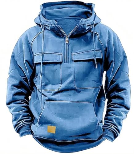 PADOLA Sudadera Hombre con Capucha Vintage Estilo Suéter 1/4 Cremallera Entretiempo(XL,Azul Claro)